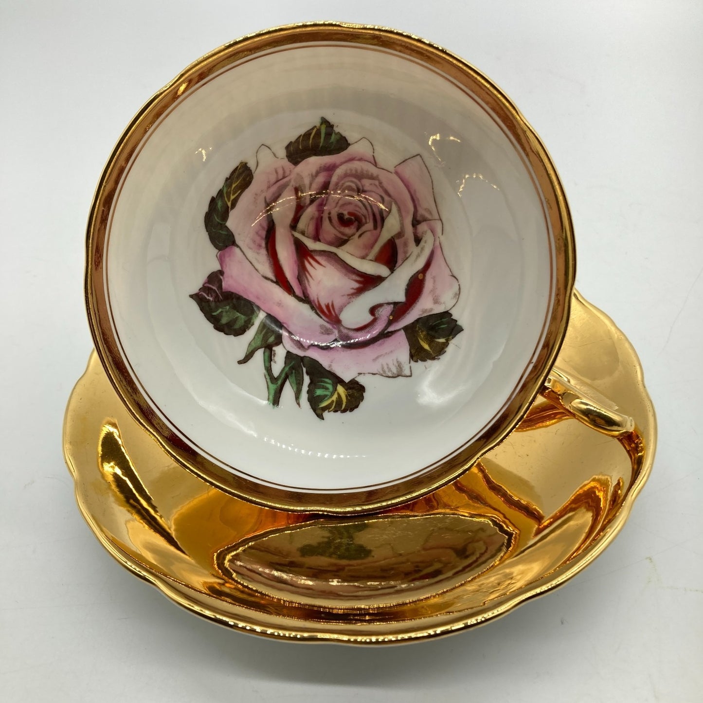 Taylor Kent English Tea Cup Saucer 22k Gold Exterior Pink Rose Cup Interior VTG