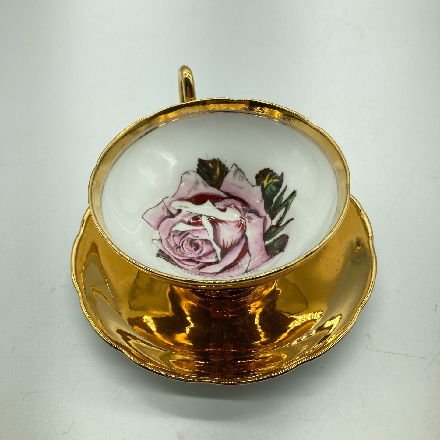 Taylor Kent English Tea Cup Saucer 22k Gold Exterior Pink Rose Cup Interior VTG