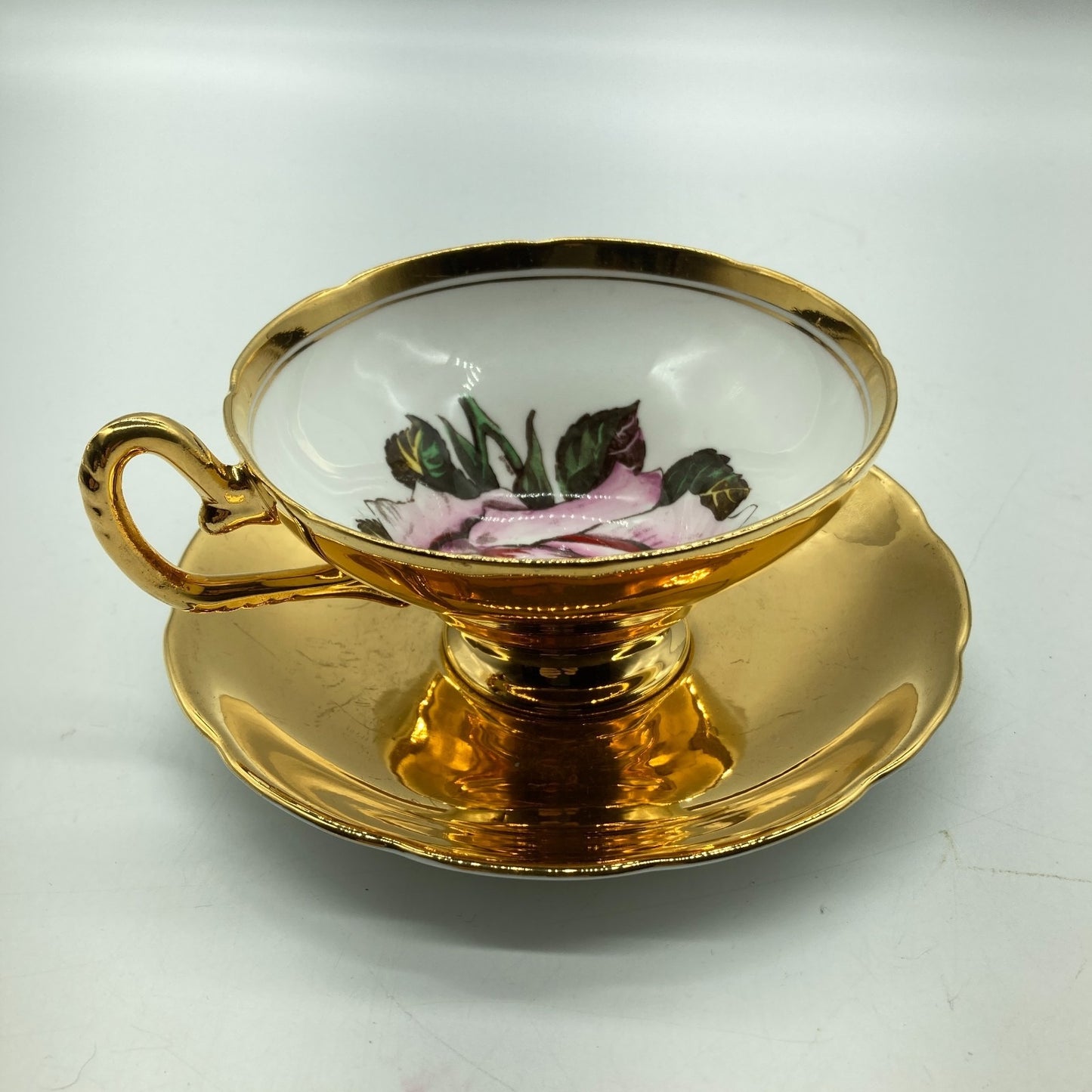 Taylor Kent English Tea Cup Saucer 22k Gold Exterior Pink Rose Cup Interior VTG