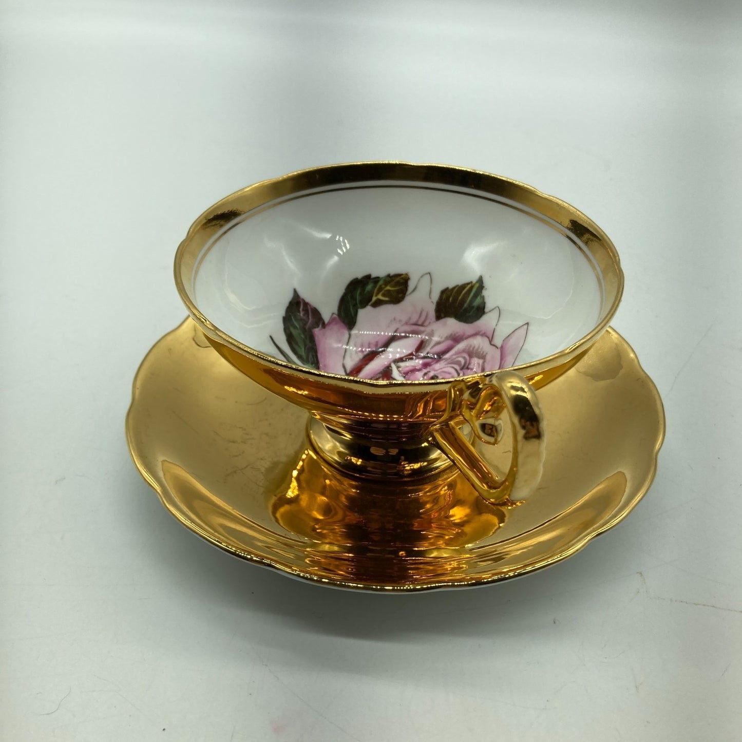 Taylor Kent English Tea Cup Saucer 22k Gold Exterior Pink Rose Cup Interior VTG