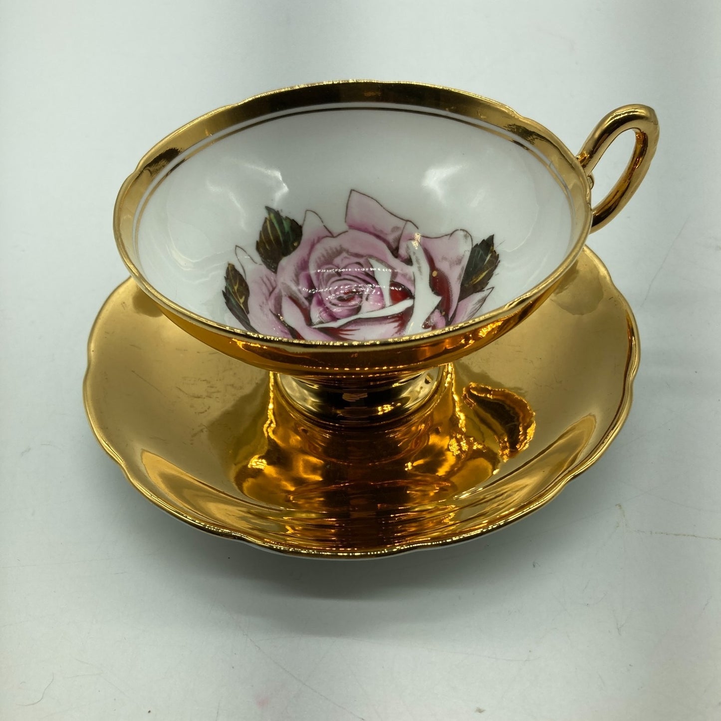 Taylor Kent English Tea Cup Saucer 22k Gold Exterior Pink Rose Cup Interior VTG