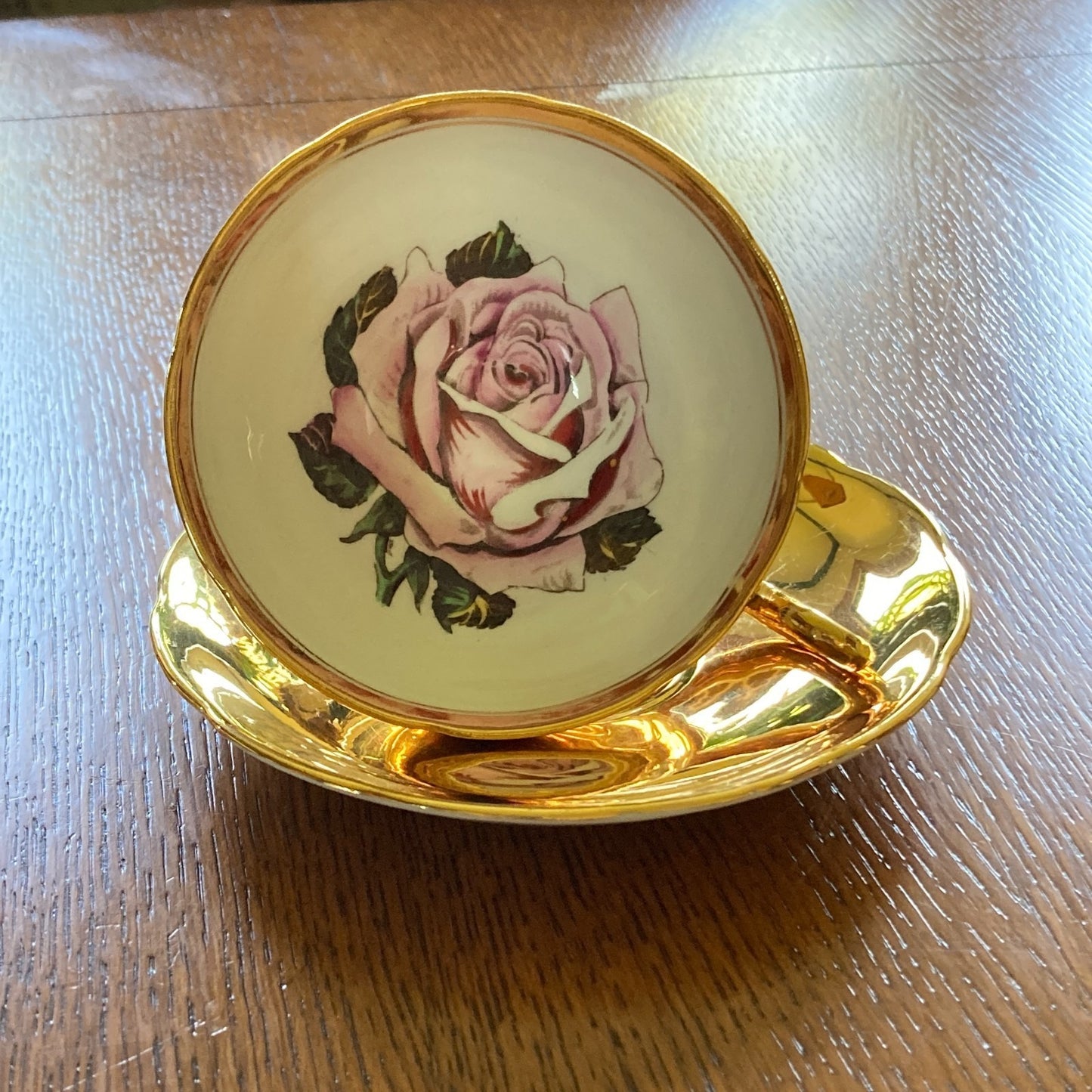 Taylor Kent English Tea Cup Saucer 22k Gold Exterior Pink Rose Cup Interior VTG