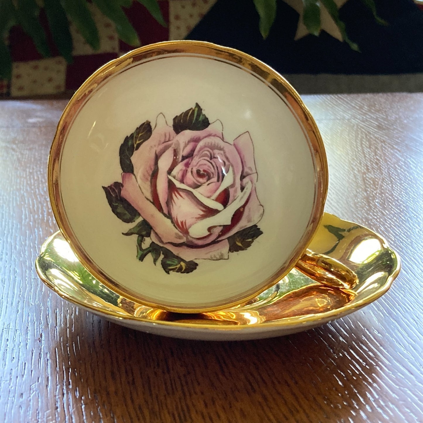 Taylor Kent English Tea Cup Saucer 22k Gold Exterior Pink Rose Cup Interior VTG