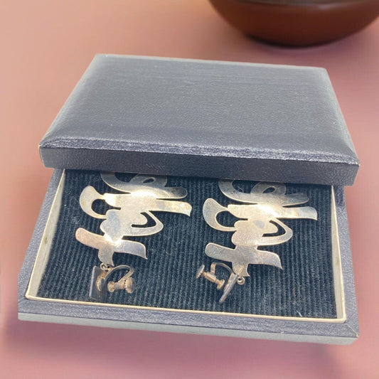 VTG Asian Character 950 Purity Silver Screw Back Earrings Original Hinged Box
