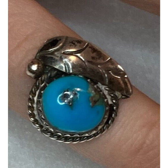 Vintage Silver Tone Turquoise Ring Size 4 Navajo Native American Leaf Rope Trim