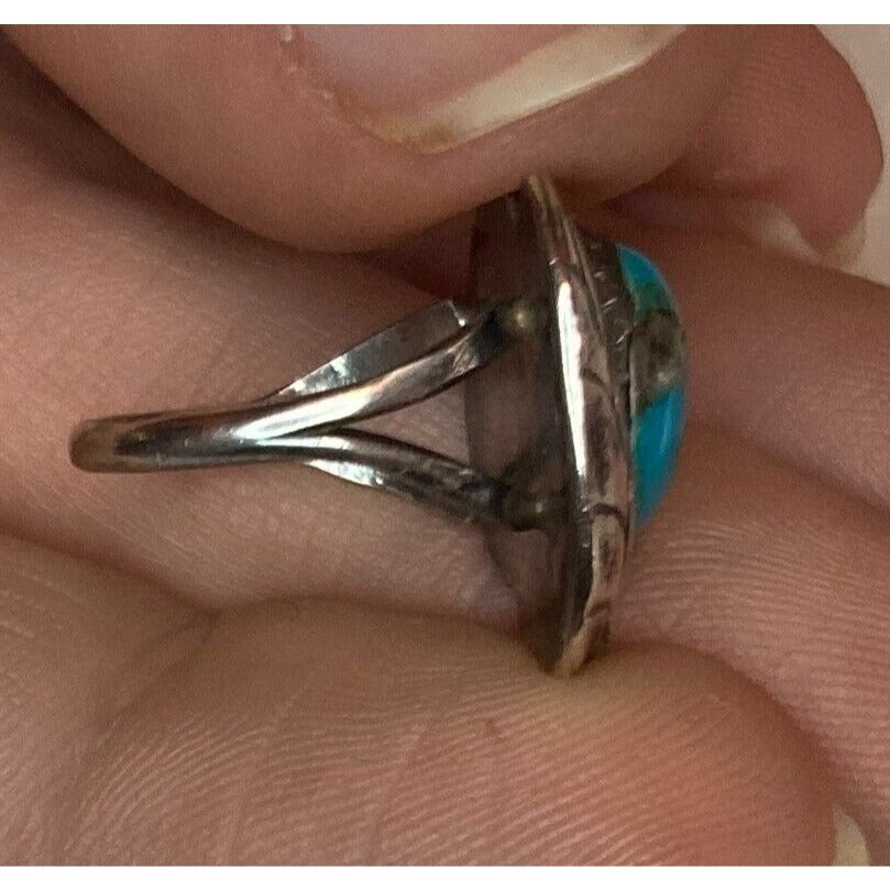 Vintage Silver Tone Turquoise Ring Size 4 Navajo Native American Leaf Rope Trim