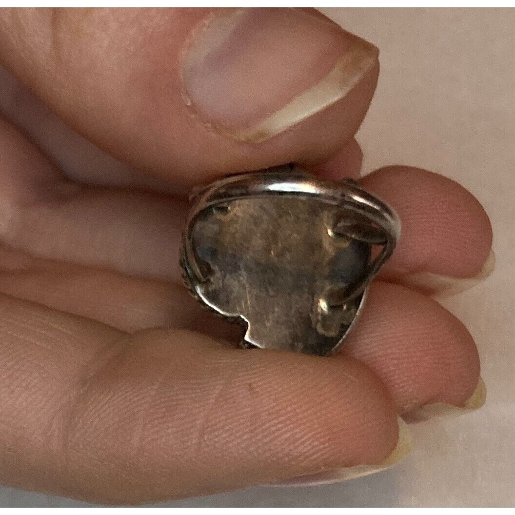 Vintage Silver Tone Turquoise Ring Size 4 Navajo Native American Leaf Rope Trim