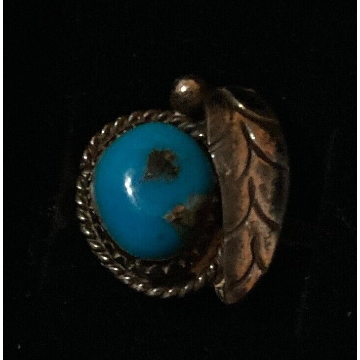 Vintage Silver Tone Turquoise Ring Size 4 Navajo Native American Leaf Rope Trim