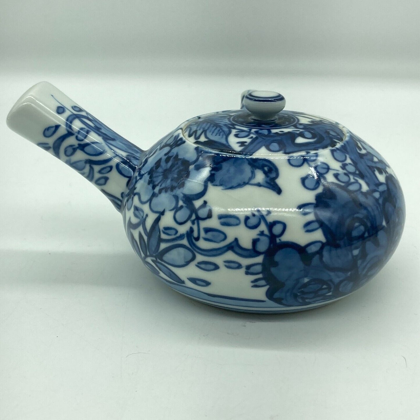 Japanese Side Handle Teapot Yokode Kyusu & 4 Teacups Yunomi Blue & White Floral