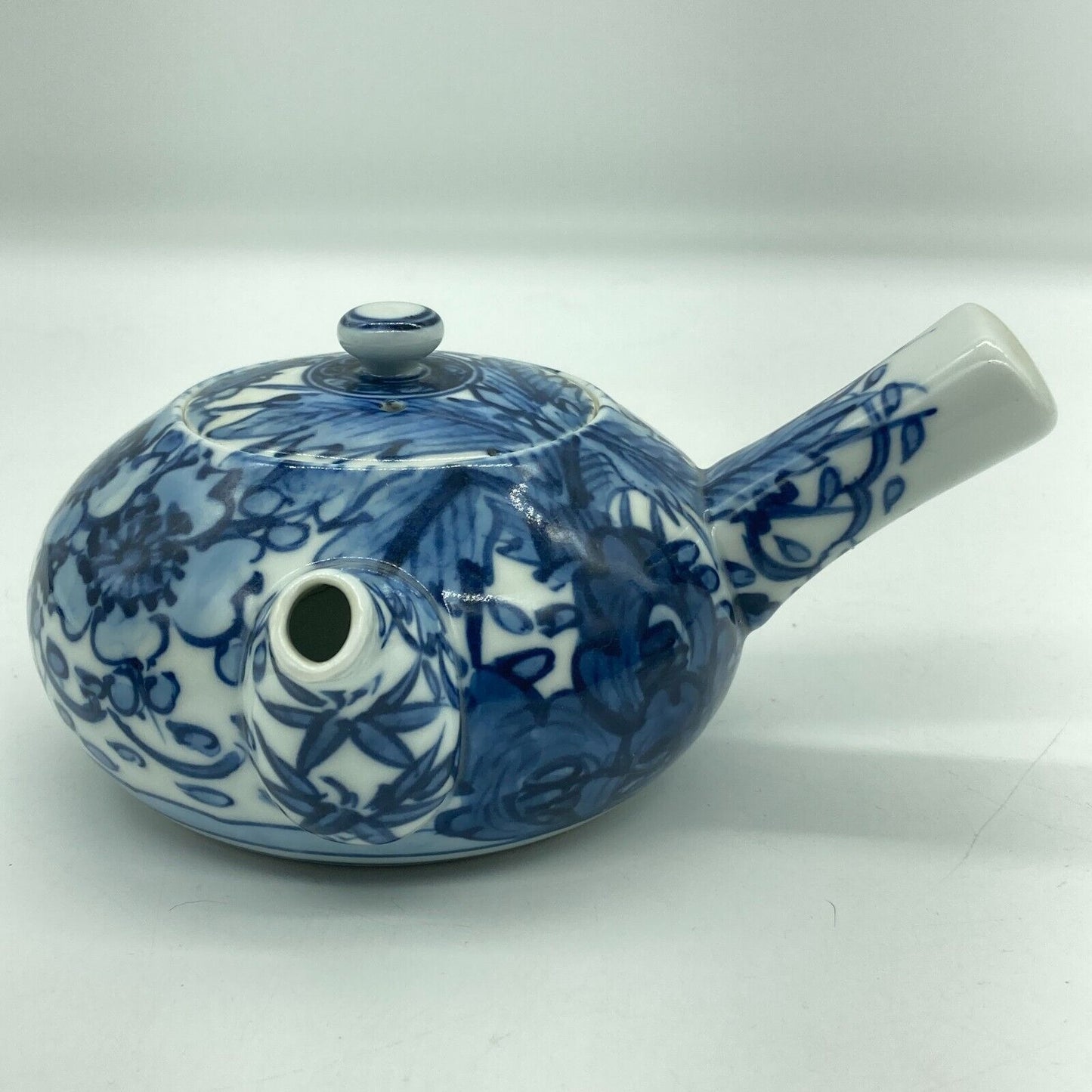 Japanese Side Handle Teapot Yokode Kyusu & 4 Teacups Yunomi Blue & White Floral