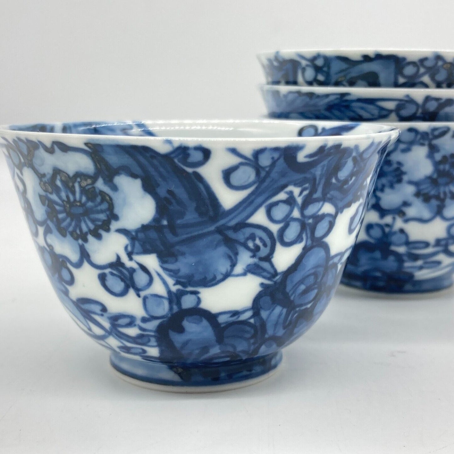 Japanese Side Handle Teapot Yokode Kyusu & 4 Teacups Yunomi Blue & White Floral