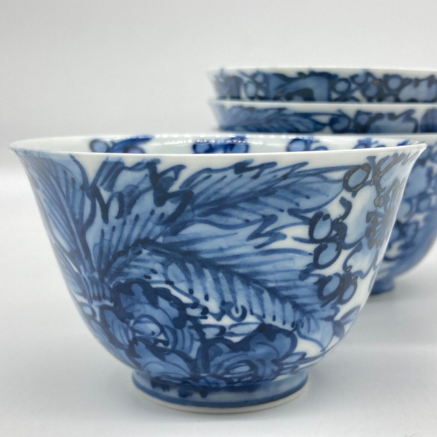 Japanese Side Handle Teapot Yokode Kyusu & 4 Teacups Yunomi Blue & White Floral