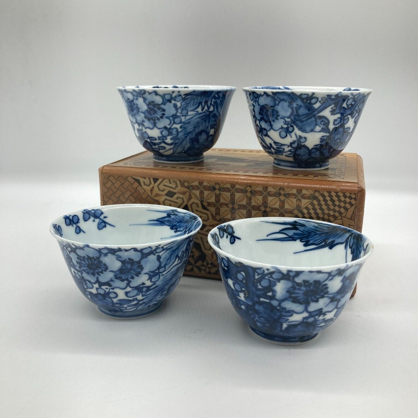 Japanese Side Handle Teapot Yokode Kyusu & 4 Teacups Yunomi Blue & White Floral