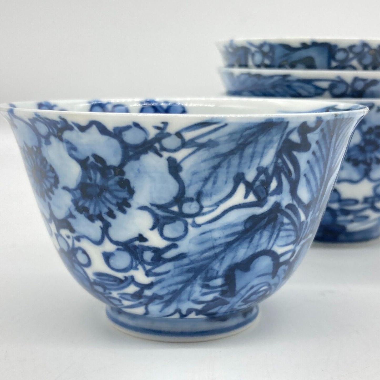 Japanese Side Handle Teapot Yokode Kyusu & 4 Teacups Yunomi Blue & White Floral