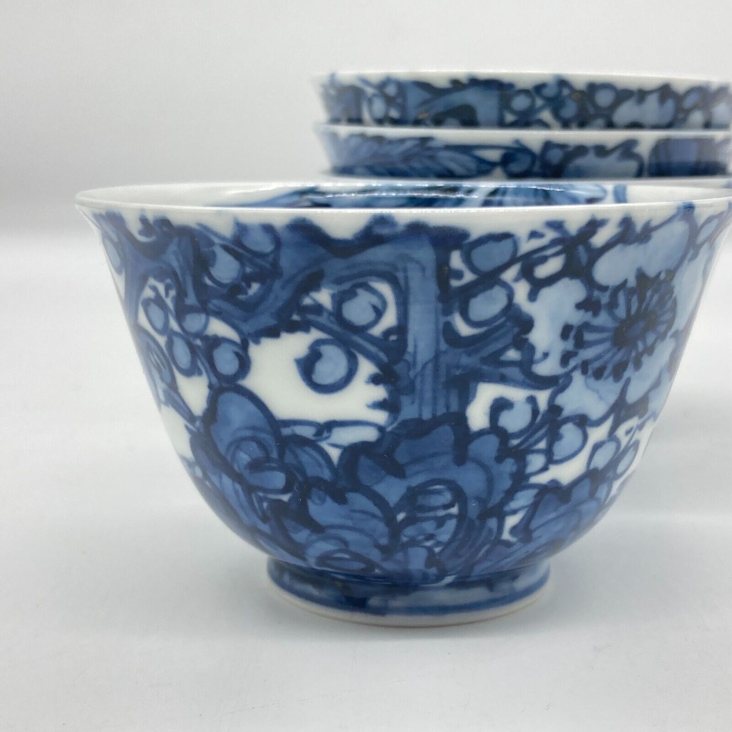 Japanese Side Handle Teapot Yokode Kyusu & 4 Teacups Yunomi Blue & White Floral