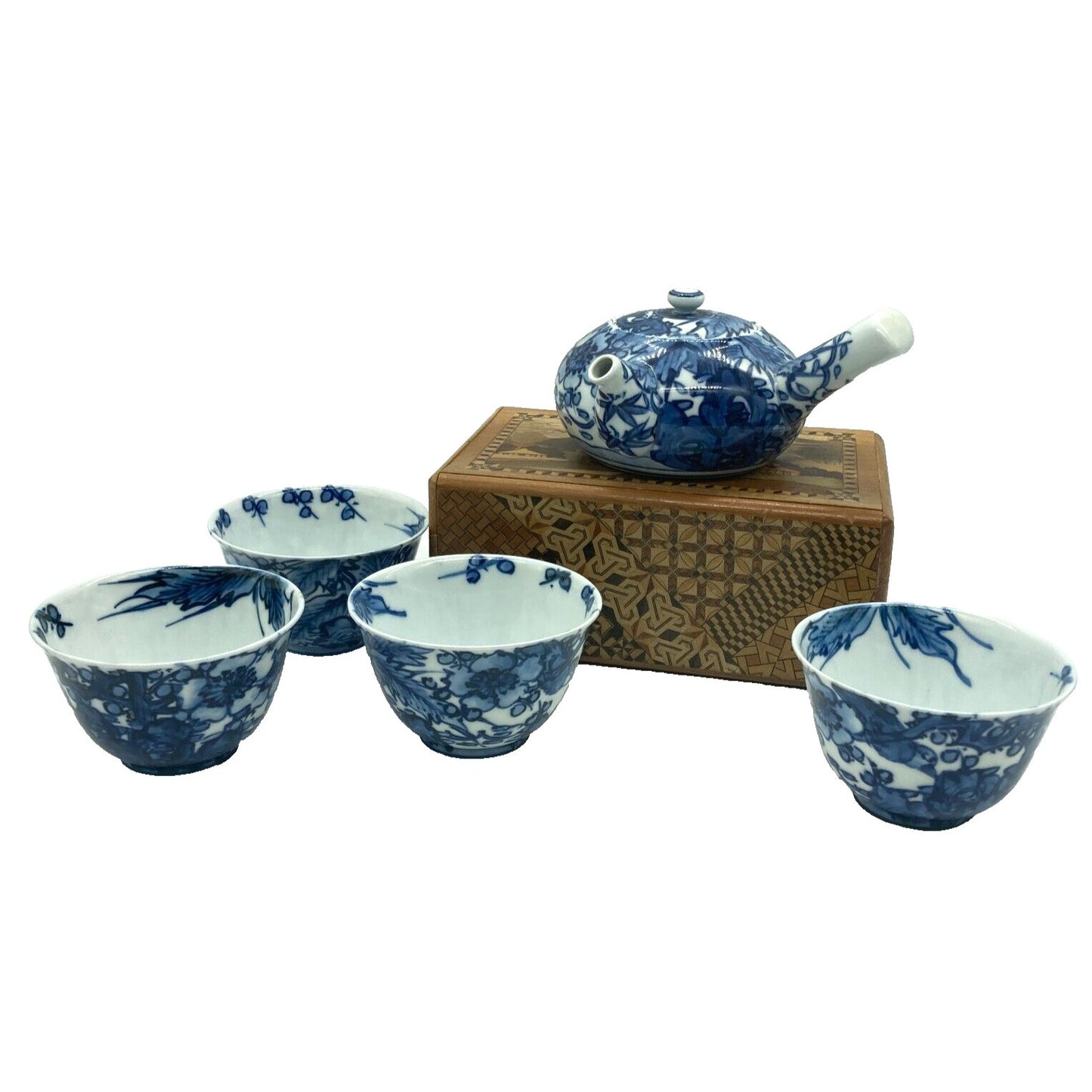 Japanese Side Handle Teapot Yokode Kyusu & 4 Teacups Yunomi Blue & White Floral