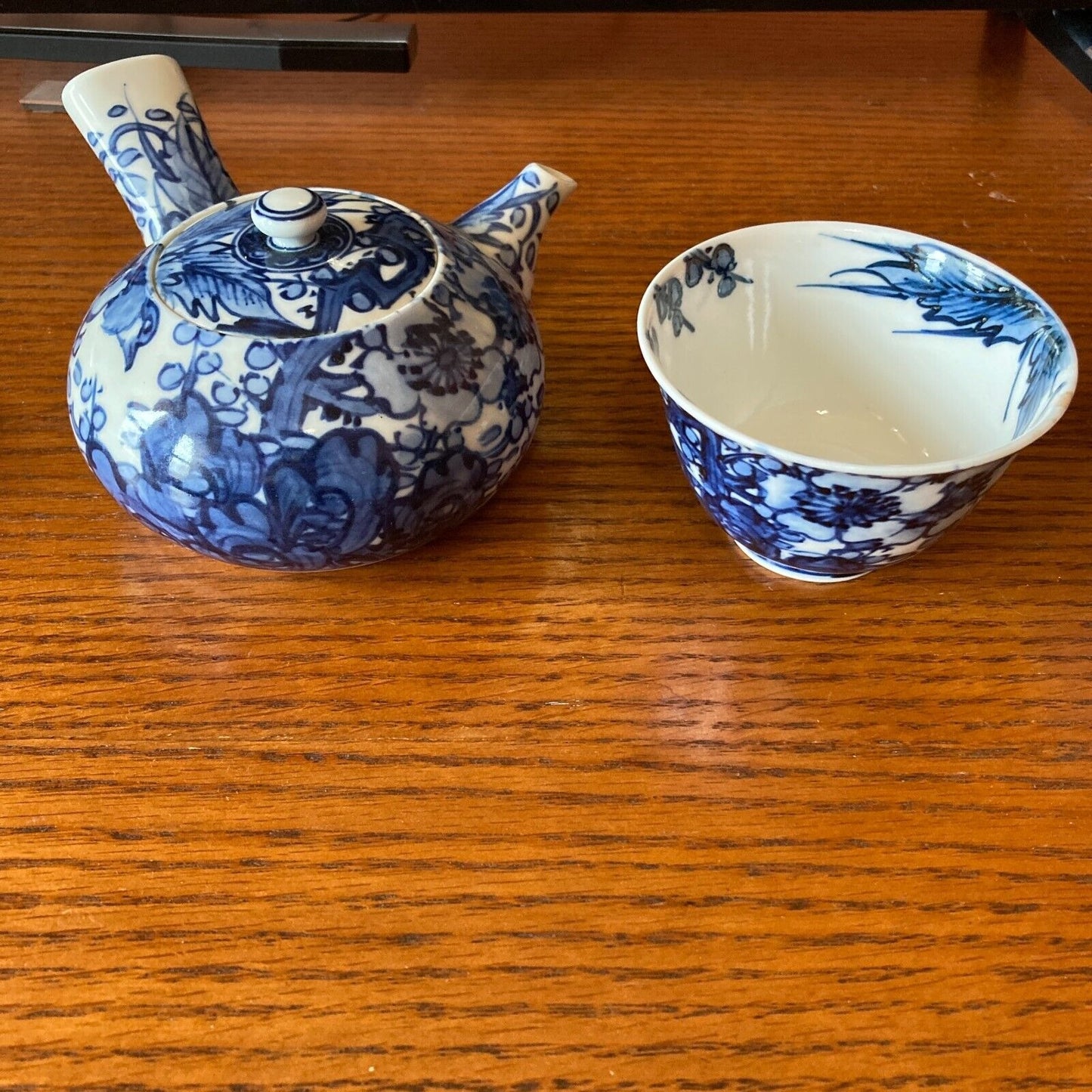 Japanese Side Handle Teapot Yokode Kyusu & 4 Teacups Yunomi Blue & White Floral