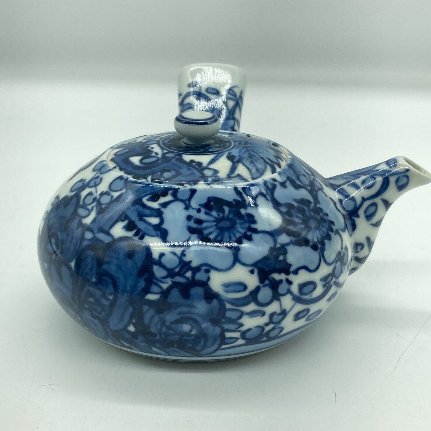 Japanese Side Handle Teapot Yokode Kyusu & 4 Teacups Yunomi Blue & White Floral
