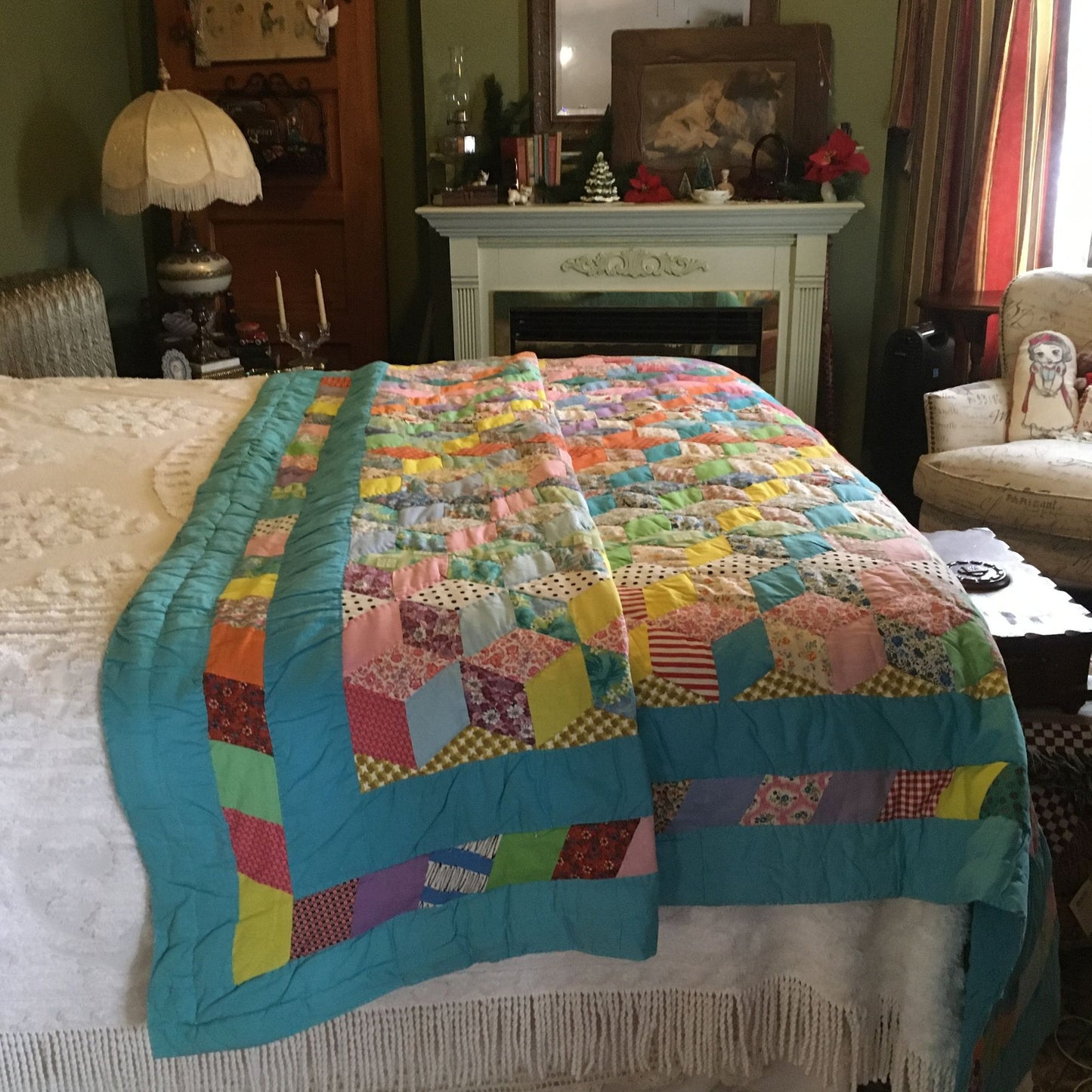Vintage Hand-Sewn Tumbling Star Blocks Optical Illusion Quilt 94"L x 78"W Queen Blue Floral Estate