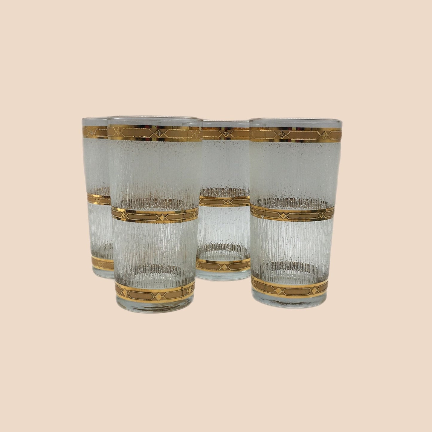 Mid Century Modern Culver Set of 4 Highball Glasses, Icicle Pattern 22K Gold Trim, MCM Culver Glassware, Culver Tumbler, MCM Barware, 1960s