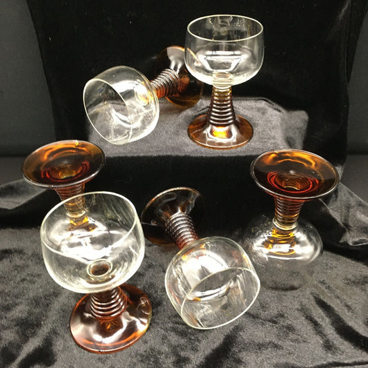 MCM Beehive Stemmed Wine Glasses Set of 6 Honey Amber Clear Tops 4oz Vintage Stemware