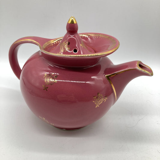 Hall Pottery Teapot 6 Cup USA Deep Pink Gold Roses Trim Windshield Clean Cottage