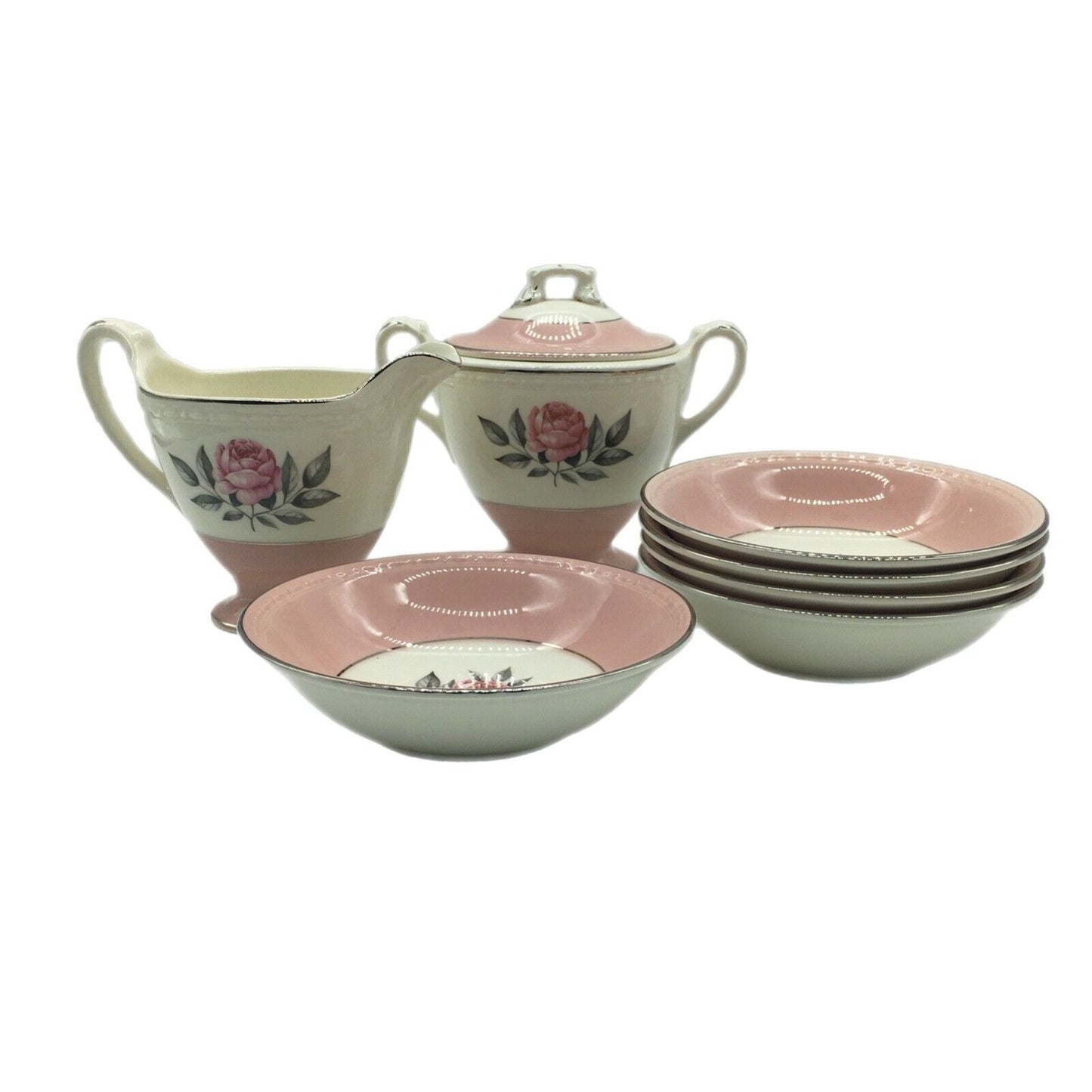 Cunningham & Pickett Inc Berry Bowls with Cream & Lidded Sugar Norway Rose Ohio