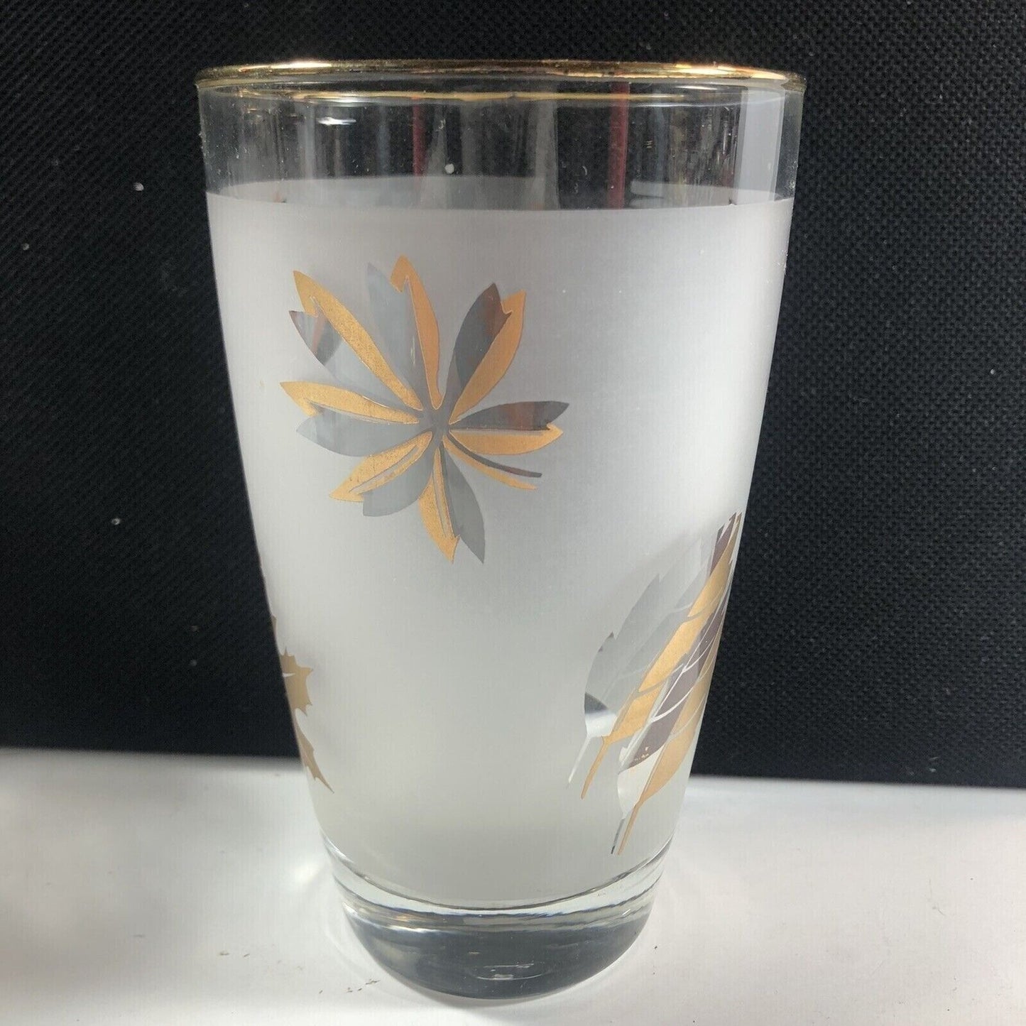 Libbey Gold Trim Frosted Gold Leaf 10 oz Set of 4 Glasses Vintage MCM Barware