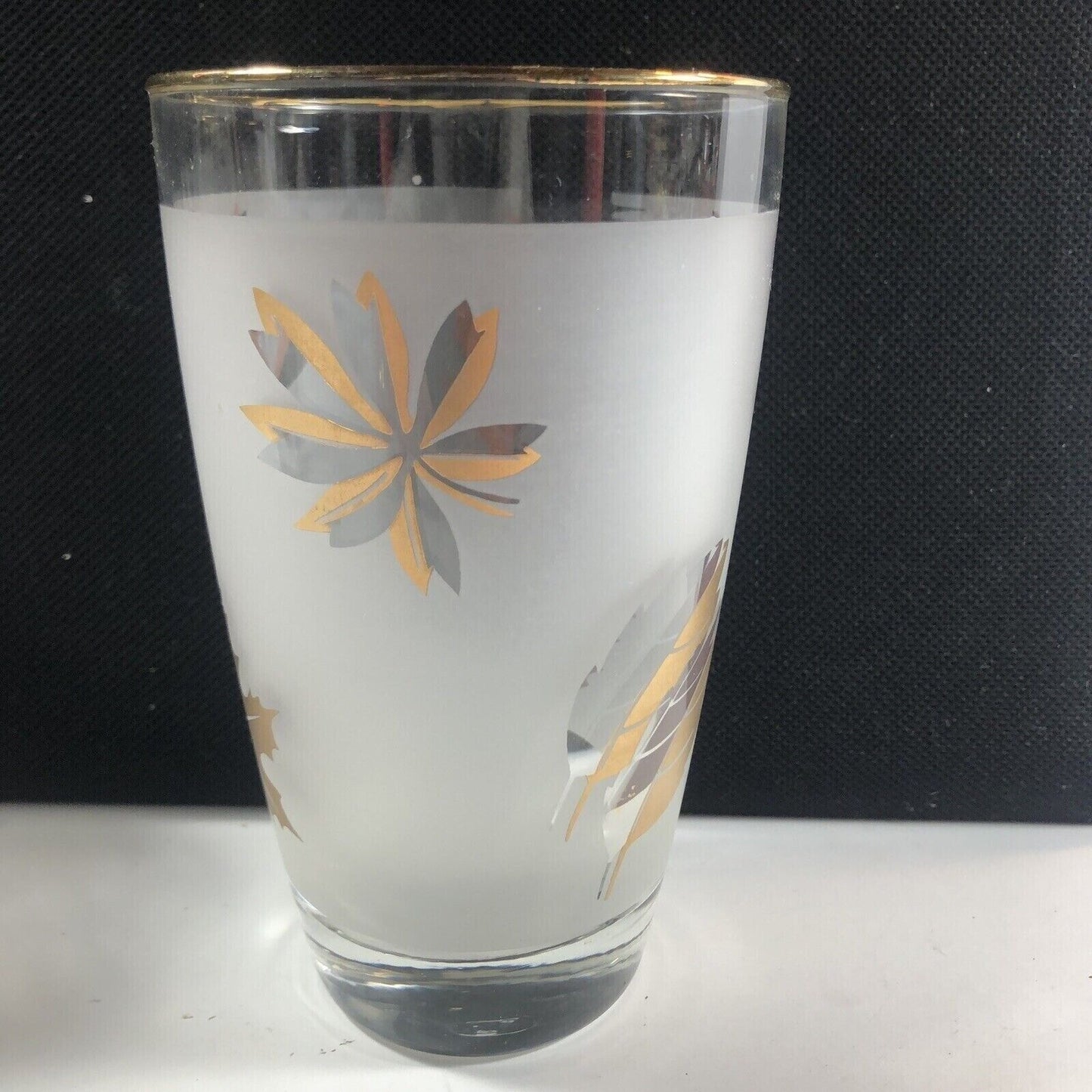 Libbey Gold Trim Frosted Gold Leaf 10 oz Set of 4 Glasses Vintage MCM Barware
