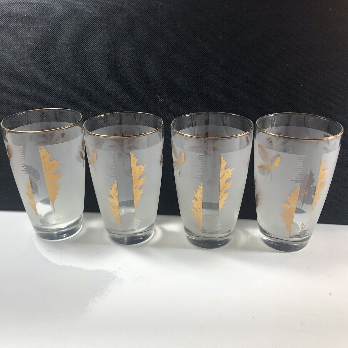 Libbey Gold Trim Frosted Gold Leaf 10 oz Set of 4 Glasses Vintage MCM Barware