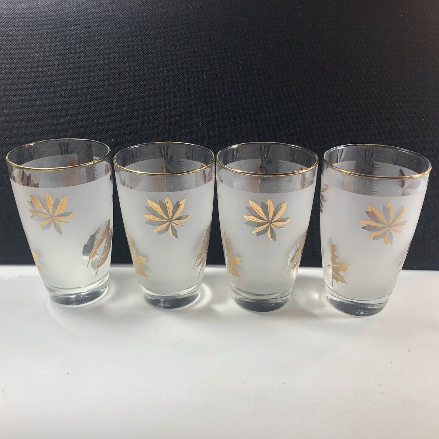 Libbey Gold Trim Frosted Gold Leaf 10 oz Set of 4 Glasses Vintage MCM Barware