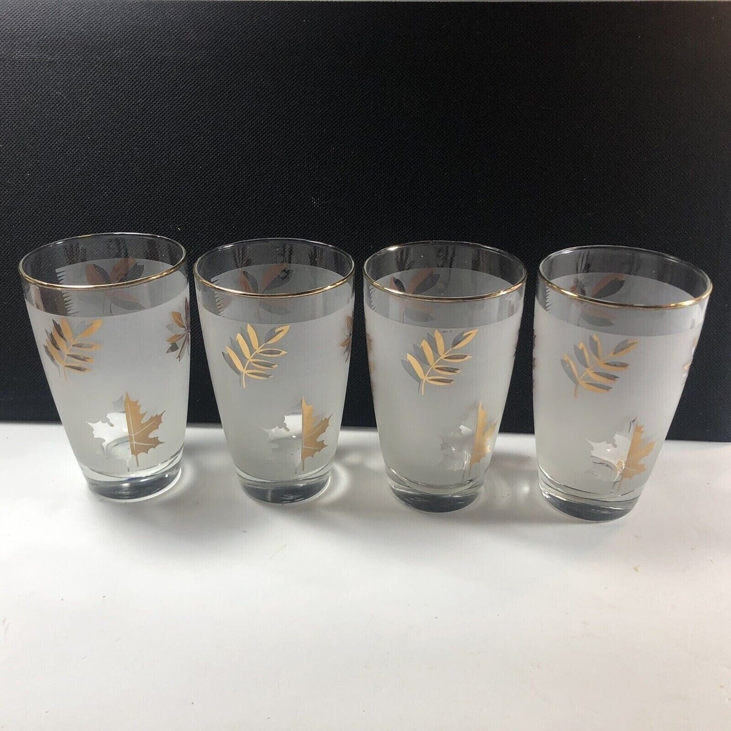 Libbey Gold Trim Frosted Gold Leaf 10 oz Set of 4 Glasses Vintage MCM Barware