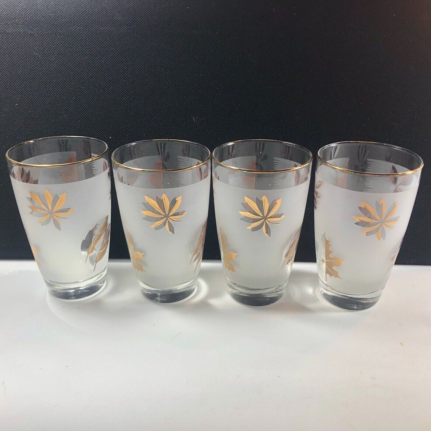 Libbey Gold Trim Frosted Gold Leaf 10 oz Set of 4 Glasses Vintage MCM Barware