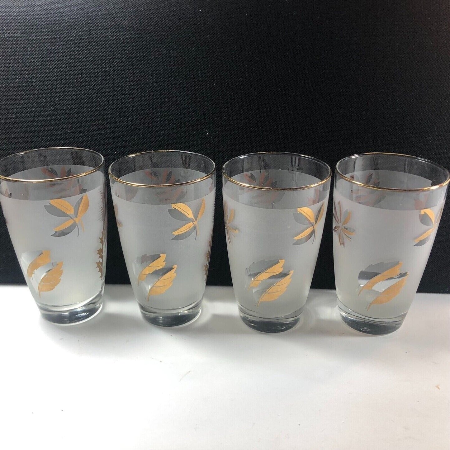 Libbey Gold Trim Frosted Gold Leaf 10 oz Set of 4 Glasses Vintage MCM Barware
