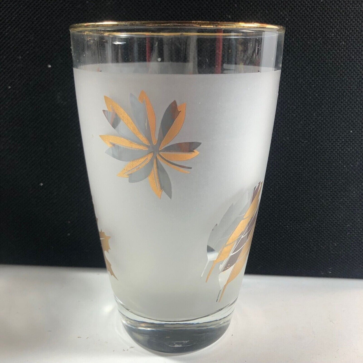 Libbey Gold Trim Frosted Gold Leaf 10 oz Set of 4 Glasses Vintage MCM Barware