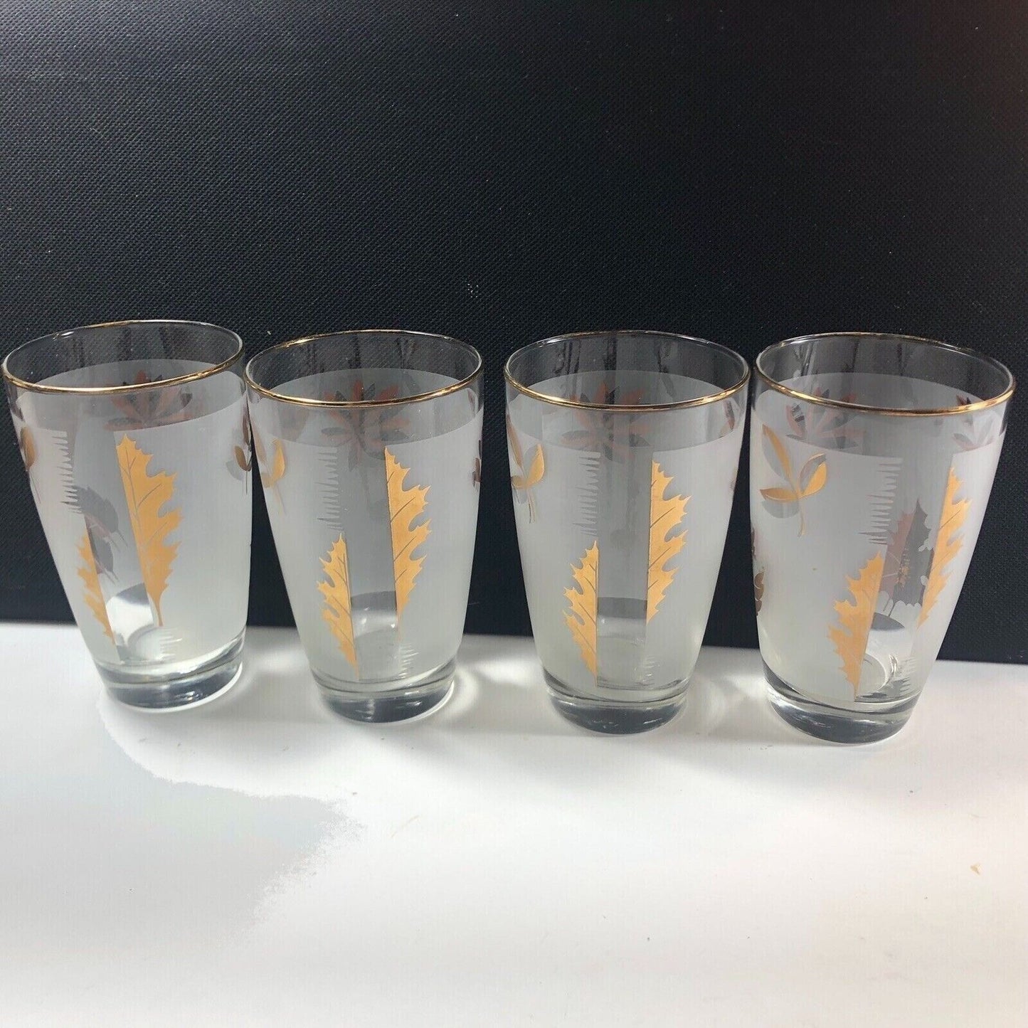 Libbey Gold Trim Frosted Gold Leaf 10 oz Set of 4 Glasses Vintage MCM Barware