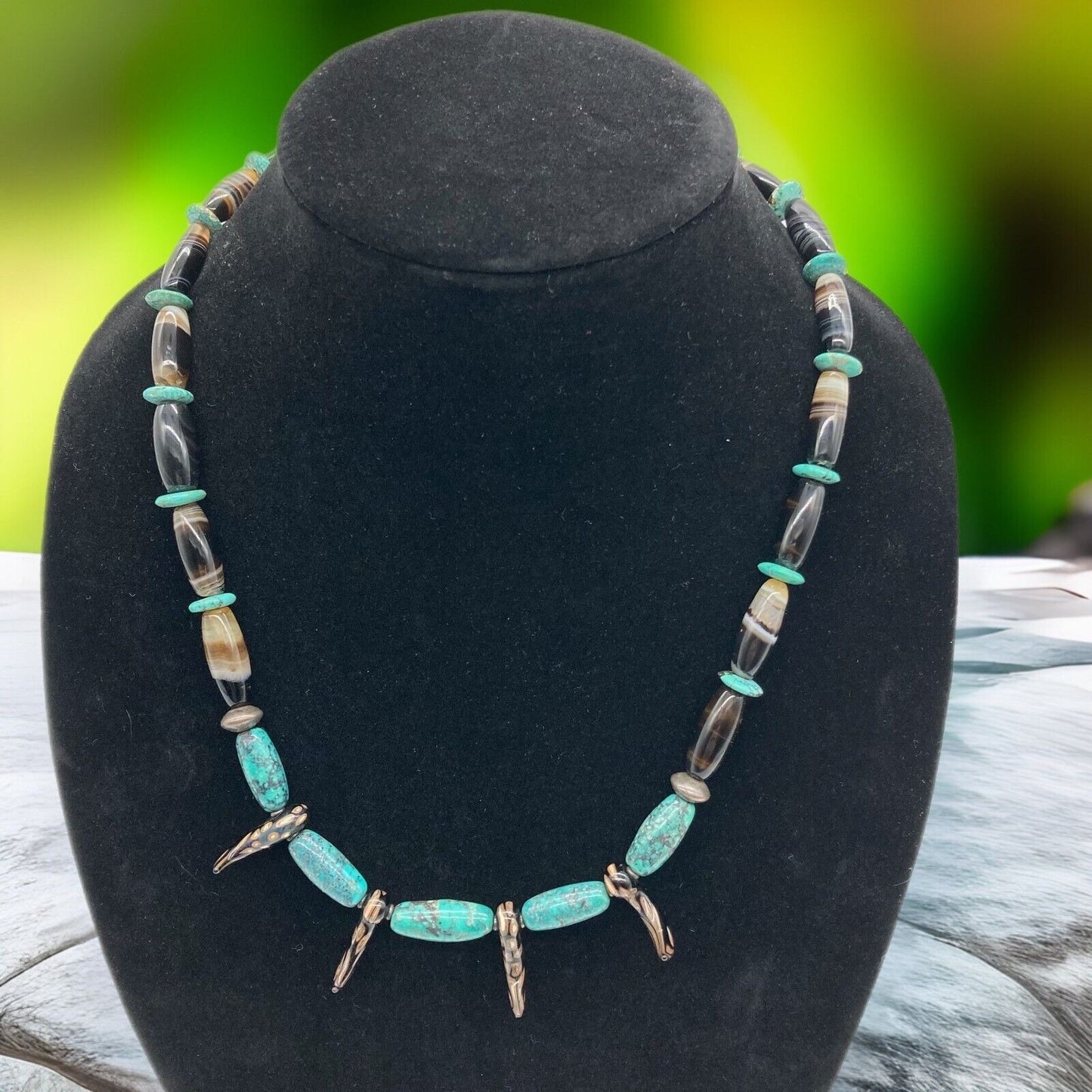 Vintage Bear Tooth 10.5" Necklace Turquoise Sterling Silver Agate Polished Stone