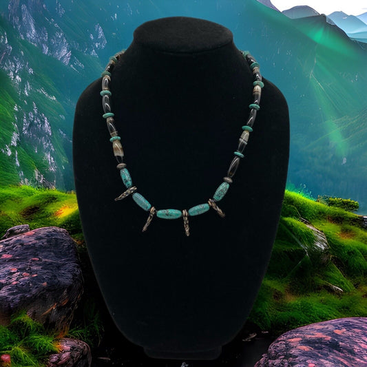 Vintage 10.5" Necklace Turquoise Sterling Silver Agate Bear Tooth Polished Stone