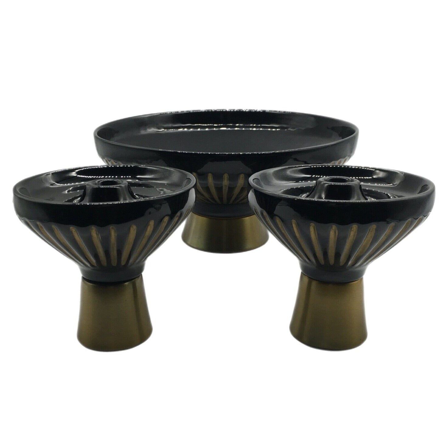 MCM Pedestal Center Bowl With Matching Candle Holders Black Gold Stripe Vintage