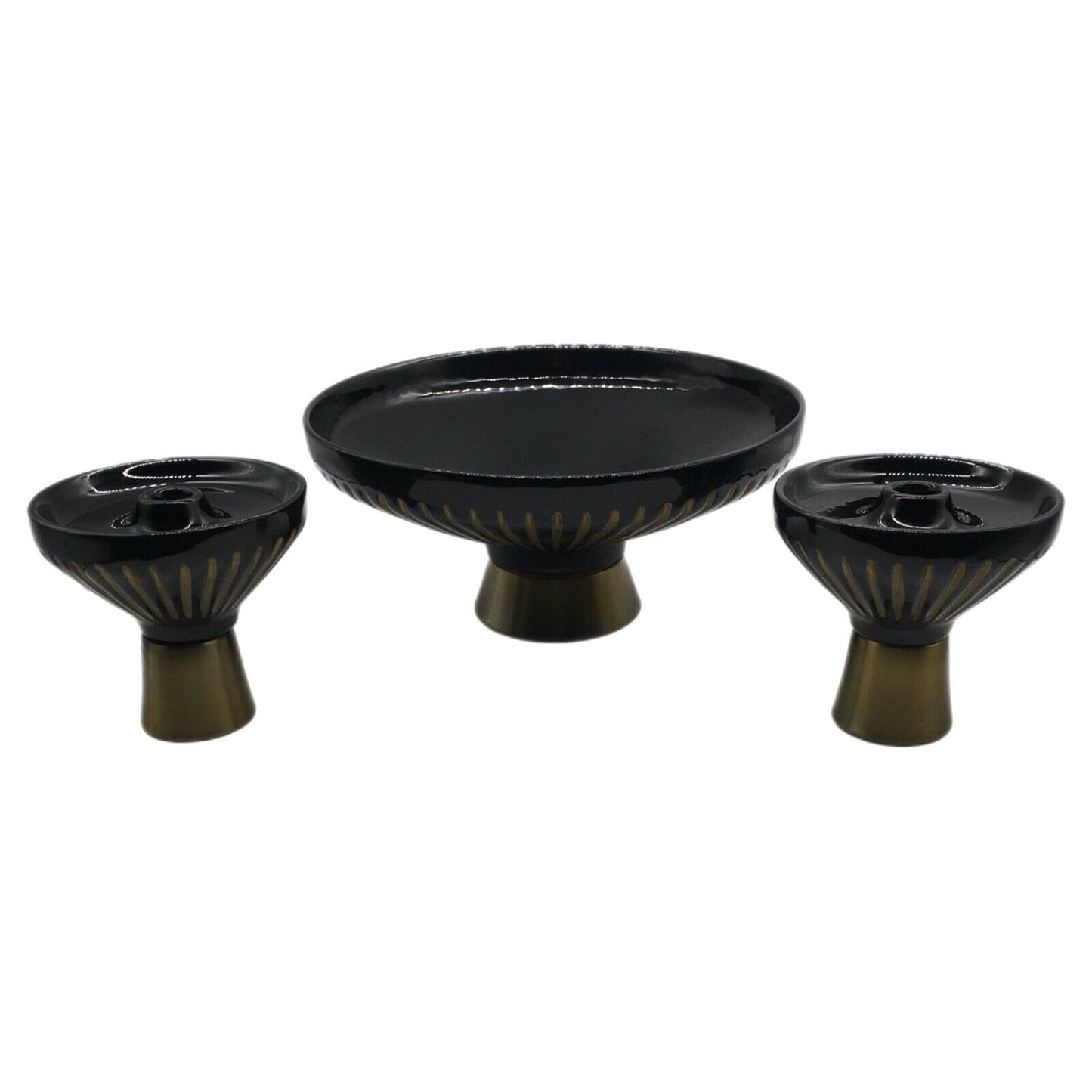 MCM Pedestal Center Bowl With Matching Candle Holders Black Gold Stripe Vintage