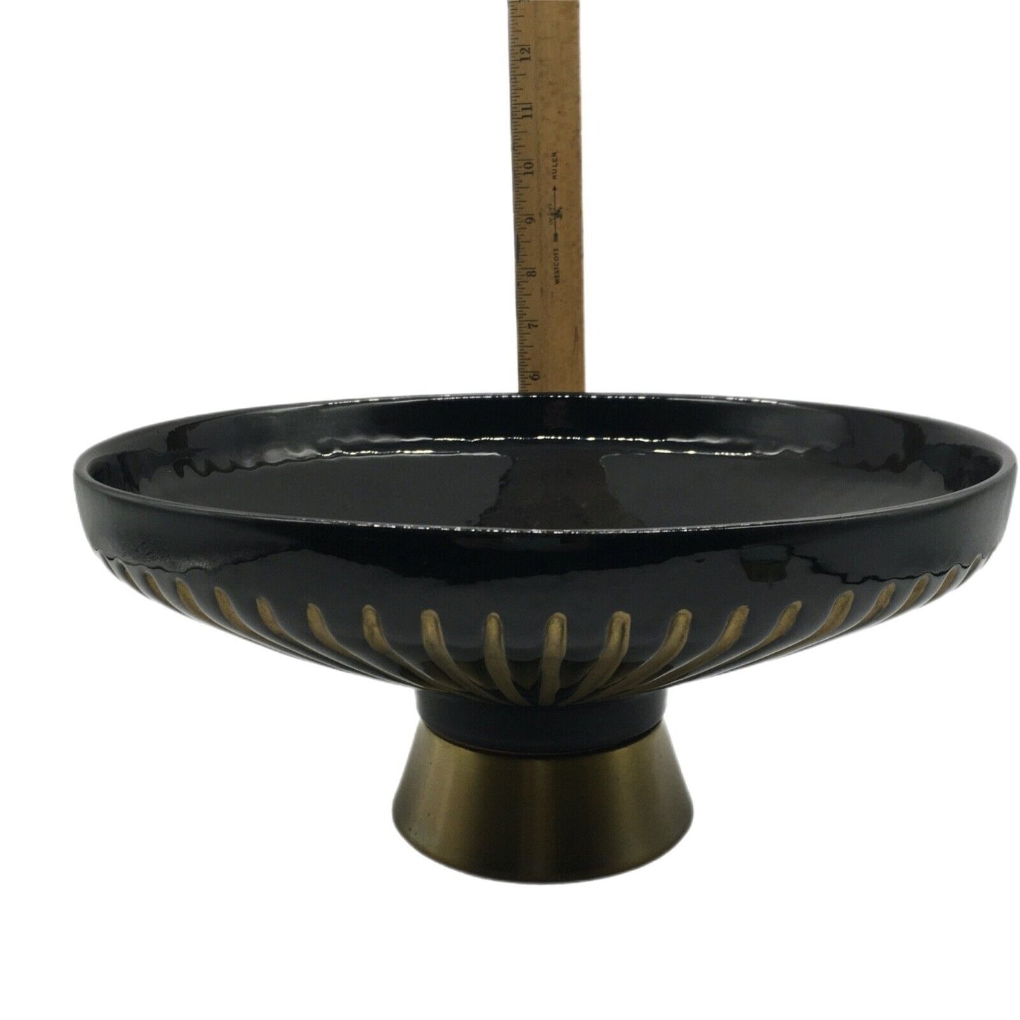 MCM Pedestal Center Bowl With Matching Candle Holders Black Gold Stripe Vintage