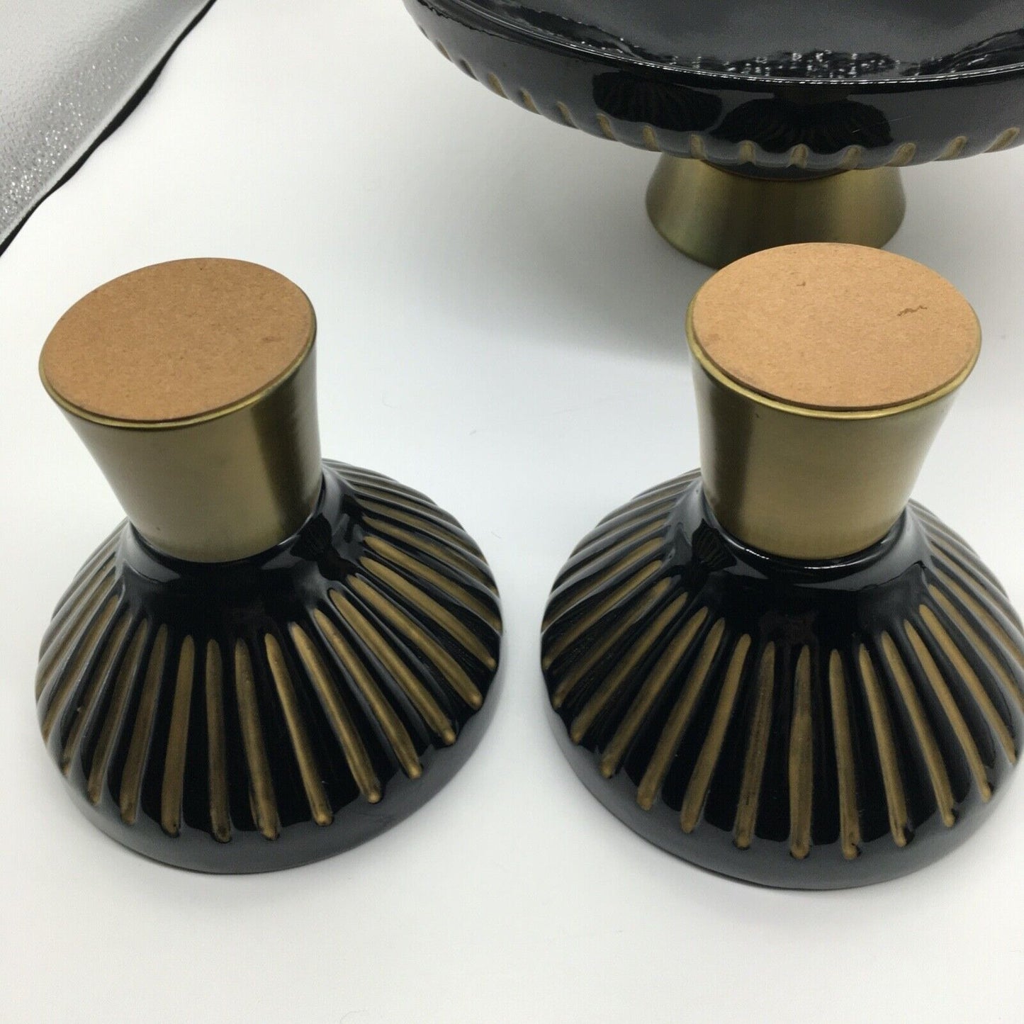 MCM Pedestal Center Bowl With Matching Candle Holders Black Gold Stripe Vintage