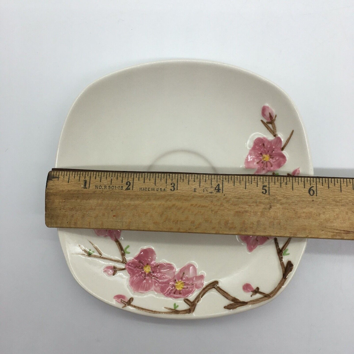 Metlox PoppyTrail Peach blossom 6" Saucers Square Set 4 Vintage USA California