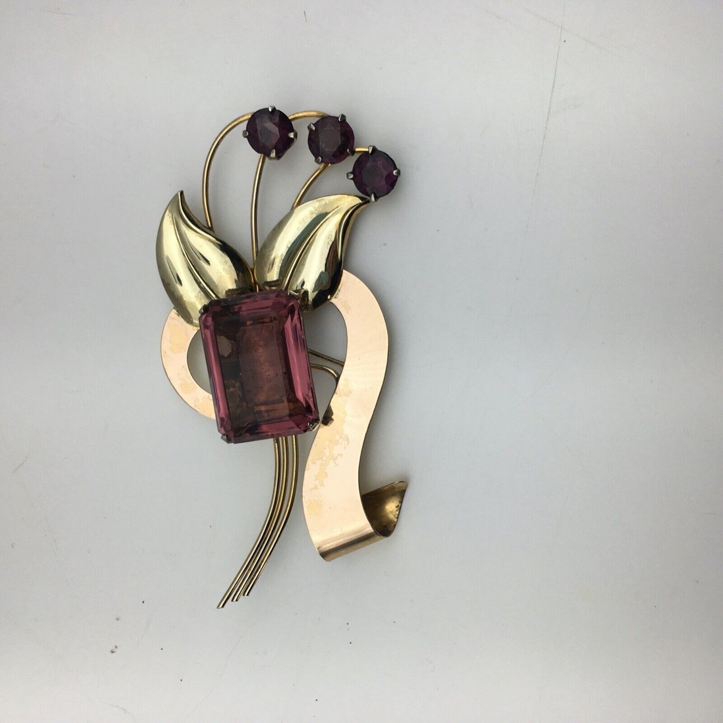 Harry Iskin 1940s Statement Brooch Prong Set Purple Stones Open Back Wire Work