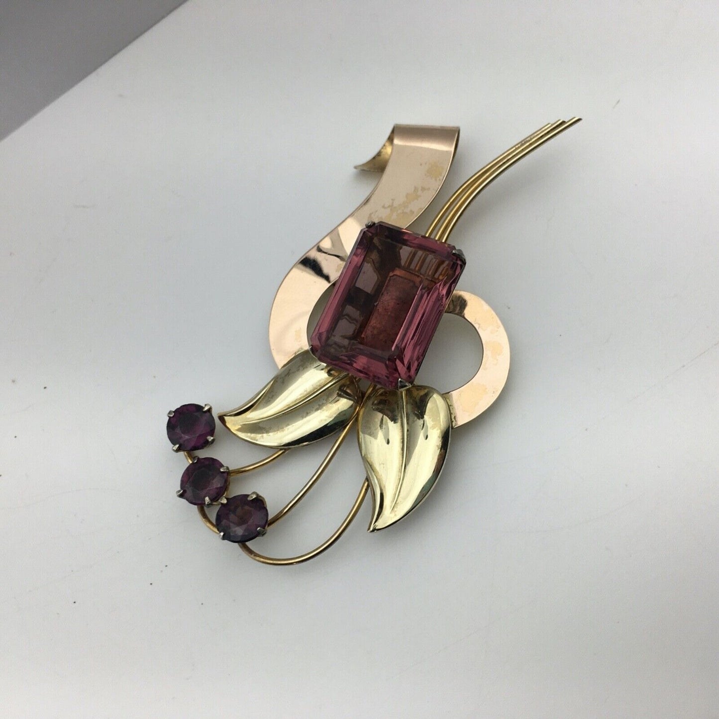 Harry Iskin 1940s Statement Brooch Prong Set Purple Stones Open Back Wire Work