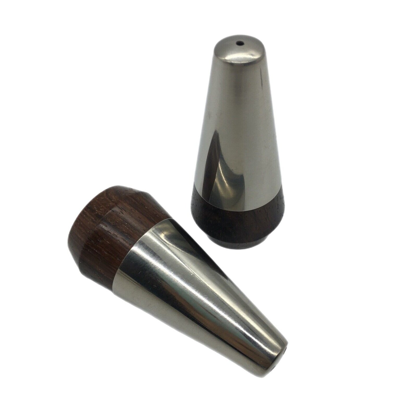 A&B Danish Wood Stainless Designer 3" Salt And Pepper Shaker Set 1960's Vintage