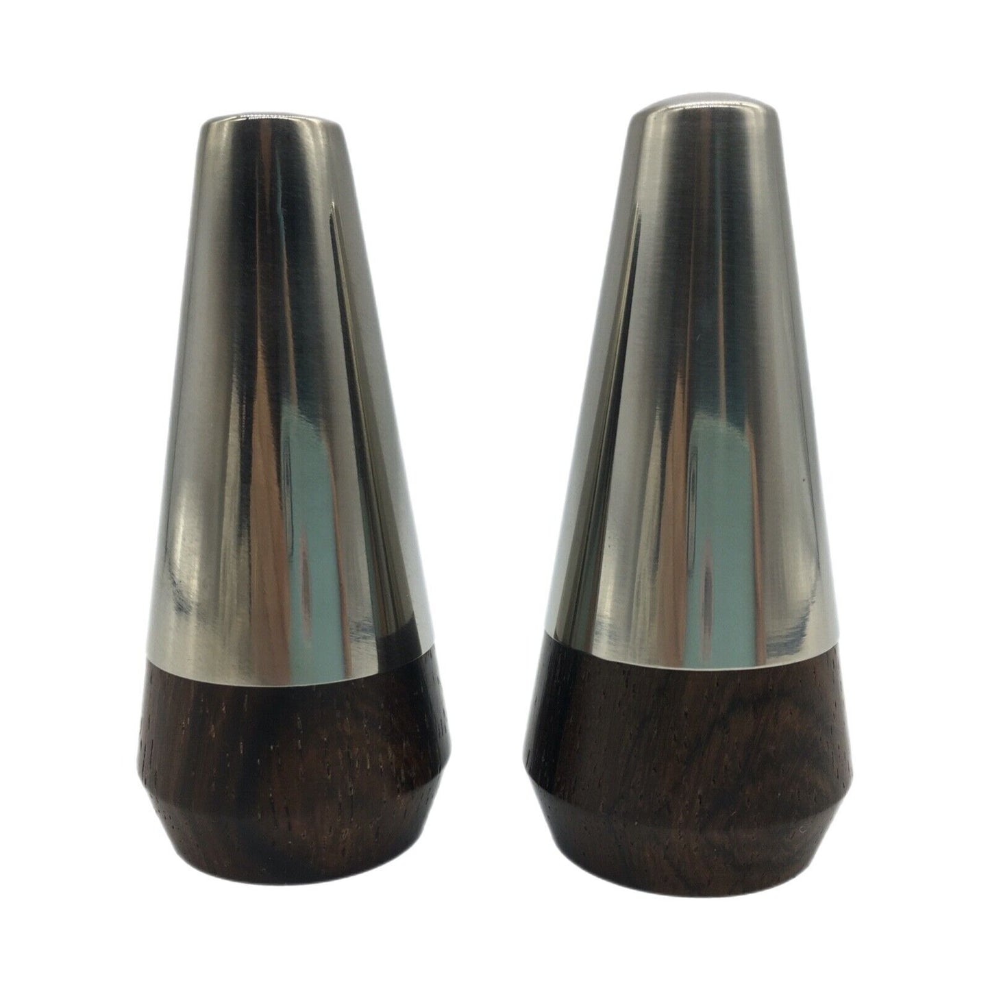 A&B Danish Wood Stainless Designer 3" Salt And Pepper Shaker Set 1960's Vintage