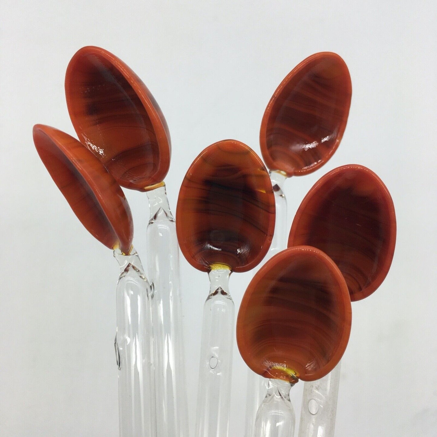Vintage Barware Art Glass Stir Stick Straw Spoon Set of 6 Orange Brown Swirl MCM