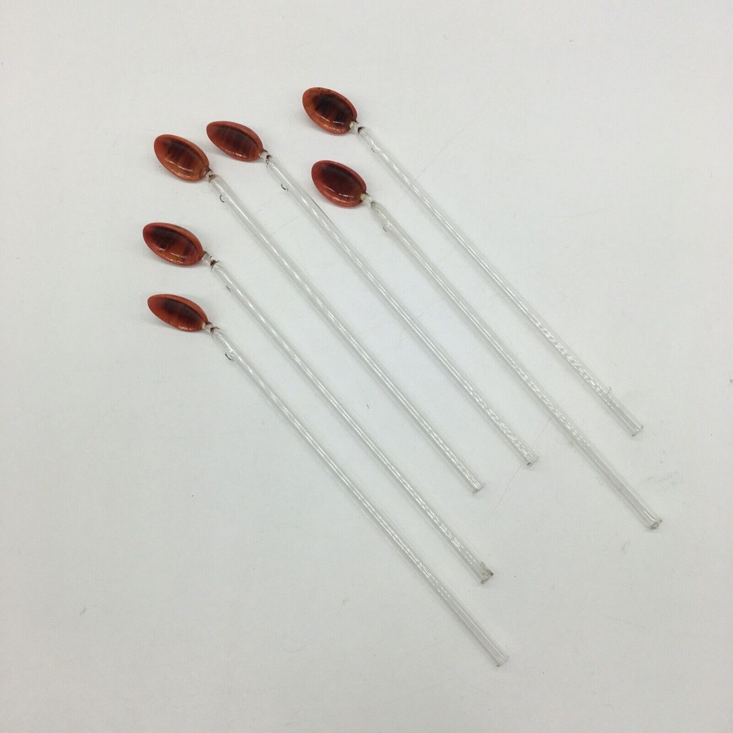 Vintage Barware Art Glass Stir Stick Straw Spoon Set of 6 Orange Brown Swirl MCM