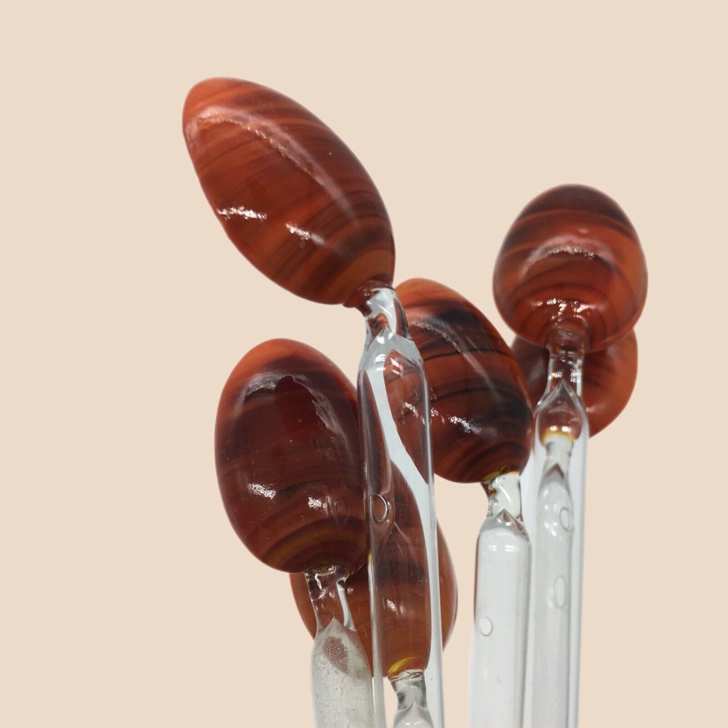Vintage Barware Art Glass Stir Stick Straw Spoon Set of 6 Orange Brown Swirl MCM